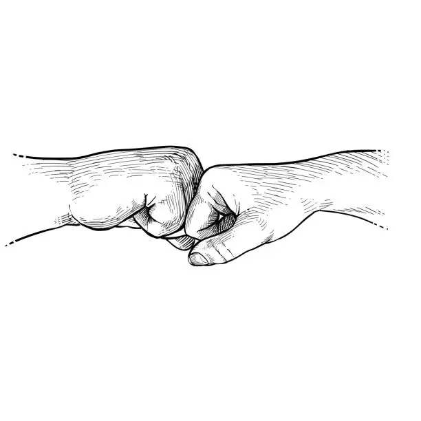 Vector illustration of Fist to fist, greeting gesture. Language with the hands. Black and white vector illustration on white background