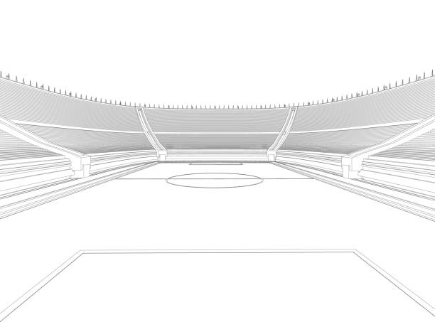 zarys dużego stadionu z czarnych linii wyizolowanych na białym tle. widok perspektywiczny. 3d. ilustracja wektorowa. - soccer stadium illustrations stock illustrations