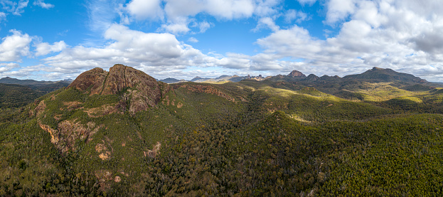 Aerial panorama view in the Warrumbungle National Park, NSW, Australia.