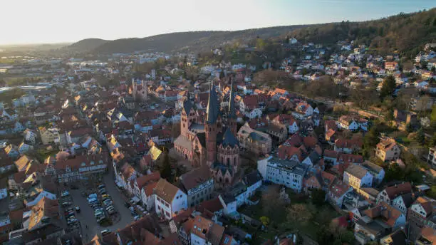 Aerial view from the Evangelical Church in Gelnhausen, sunset in Hesse, Germany