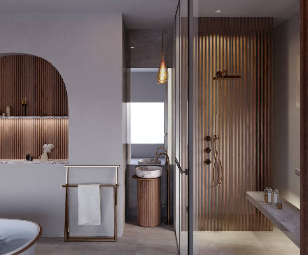 istock 3d rendering,3d illustration, Interior Scene and  Mockup,the bathroom decorated, a bathtub in the middle of the room,wood wall. 1417579413