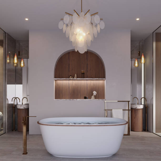 istock 3d rendering,3d illustration, Interior Scene and  Mockup,the bathroom decorated, a bathtub in the middle of the room,wood wall. 1417579426