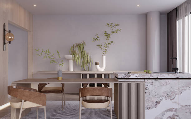 istock 3d rendering,3d illustration, Interior Scene and  Mockup,food corner interior render,wooden table with chairs. 1417579429