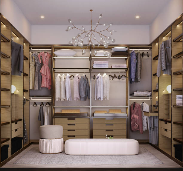 istock 3d rendering,3d illustration, Interior Scene and  Mockup, Walk-in Closet,interior design,sideboard and daybed,wood wall panelling decorative. 1417579510
