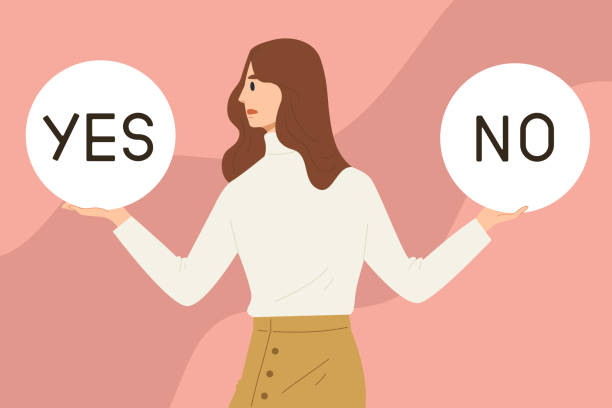 Young female choosing between "YES" or "NO". Concept of selection, decision, choice, answer, reply, accept of refuse. Flat style vector illustration cartoon character for business, presentation. yes sign stock illustrations