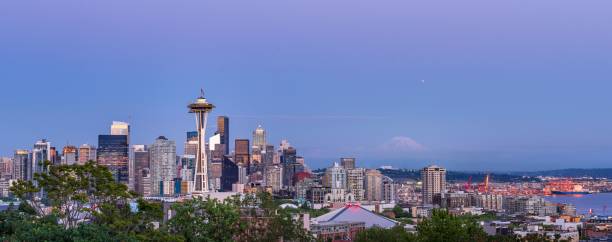 istock Seattle skyline panorama at summer evening, blue hour with mt. r 1417580437