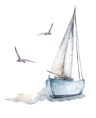 Nautical print depicting a sailboat with soaring seagulls. The composition is located on a white background.