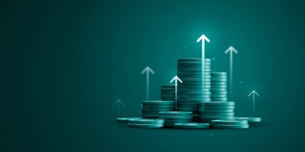 Growth financial business arrow money coin on increase earnings 3d background with economy market investment finance banking profit or success cash stack currency of wealth graph price value strategy. Growth financial business arrow money coin on increase earnings 3d background with economy market investment finance banking profit or success cash stack currency of wealth graph price value strategy. rising interest rate stock pictures, royalty-free photos & images