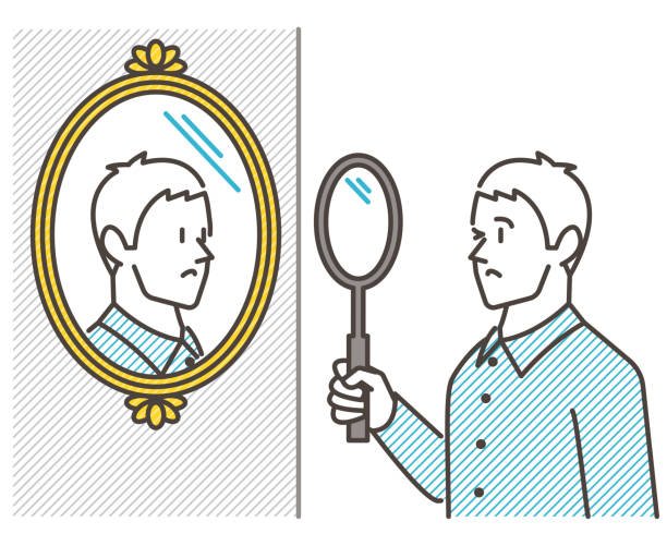 Young man looking in the mirror. Concept of self-discovery, self-analysis, introspection [Vector illustration]. A young man stares at himself in the mirror with a giant magnifying glass. personality test stock illustrations