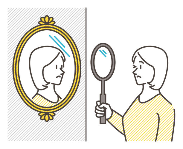 Young woman looking in the mirror. Concept of self-discovery, self-analysis, introspection [Vector illustration]. A young woman stares at herself in the mirror with a giant magnifying glass. personality test stock illustrations