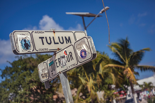 Tulum, Mexico 20 august 2022: Road sign indicating the direction for the city of Tulum. Mexico