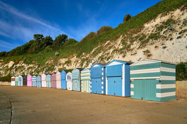 istock Wooden beach huts at Dumpton Gap beach in Thanet, Kent, UK. 1417588832