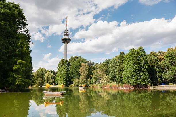 Telecommunications Tower in the Luisenpark park in Mannheim, Germany, with a pond and trees The Telecommunications Tower in the Luisenpark park in Mannheim, Germany, with a pond and lush green trees in the background mannheim stock pictures, royalty-free photos & images