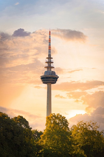 The Telecommunications Tower in the Luisenpark park with lush green trees and a sunset view in the background