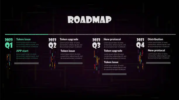 Vector illustration of Roadmap with sections and copy space on dark background. Infographic timeline template for business presentation. Vector.