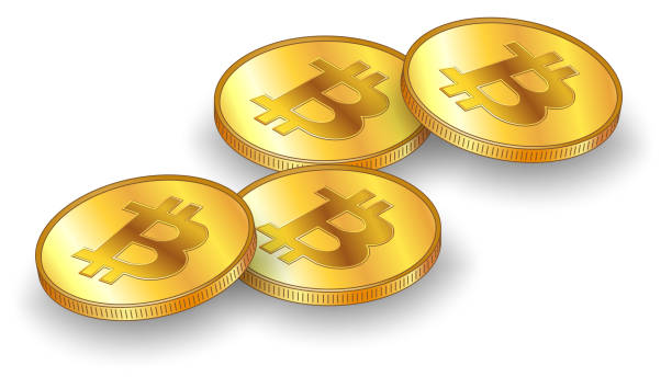 istock Four gold coins Bitcoin BTC with shadow in isometric view isolated on white background. Design element. 1417592800
