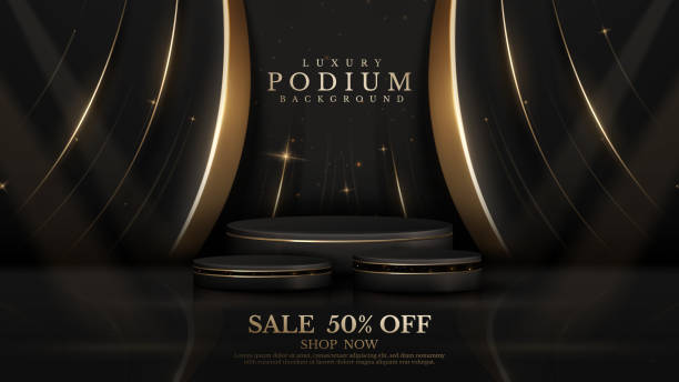 istock Product display podium with golden curve line decoration and glitter light effect elements and star. Black luxury background. 1417593730
