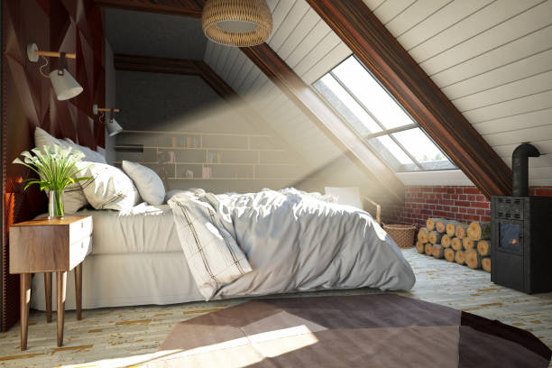 istock Loft Bedroom in the Attic with Sunbeam Through the Window 1417594646