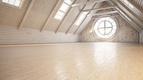 Empty White Attic with Sunlight. 3D Render
