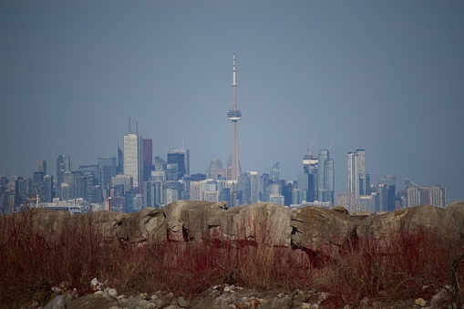 The Toronto city on the background of a rock fence