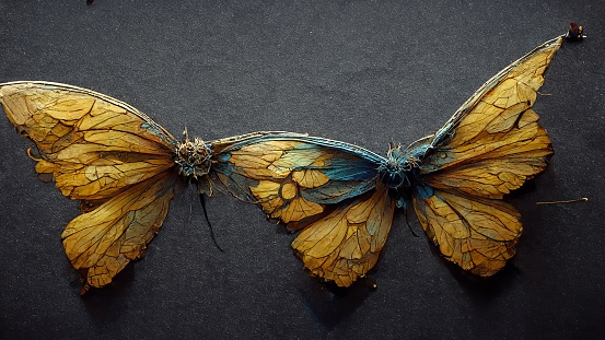 A closeup shot of two dried yellow butterflies on a gray surface