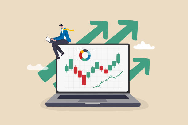 Stock trading or crypto currency investing, technical analysis for investment, financial graph and chart, stock market or currency exchange concept, businessman investor using laptop to trade graph. vector art illustration