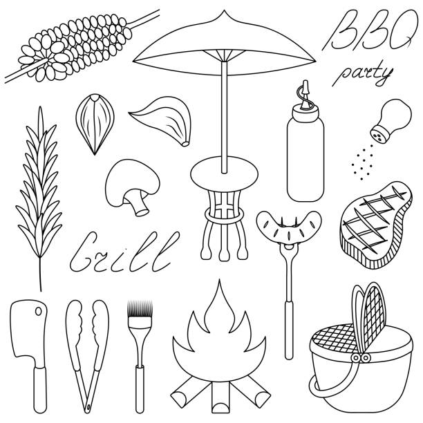 ilustraciones, imágenes clip art, dibujos animados e iconos de stock de conjunto de recreación al aire libre. bosquejo. colección de ilustraciones vectoriales de barbacoa. hoguera, canasta, maíz, bistec. - salt sausage fire flame