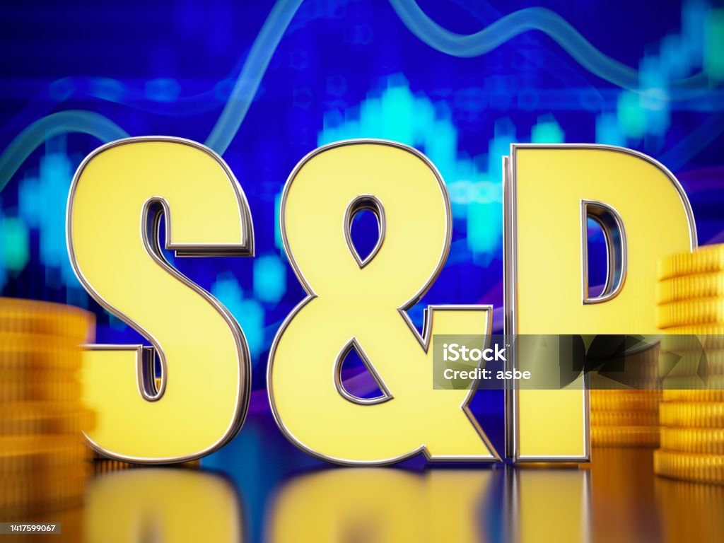 S&P Stock Market Concept with Coins and Financial Chart S&P Stock Market Concept with Coins and Financial Chart. 3D Render Abundance Stock Photo