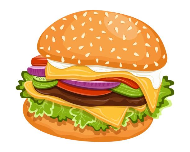 Hamburger. Bun, patty, tomato, cheese, salad greens, onions, sauce. Fast Food. Graphics. Cartoon. Vector. Close-up. beef pad stock illustrations