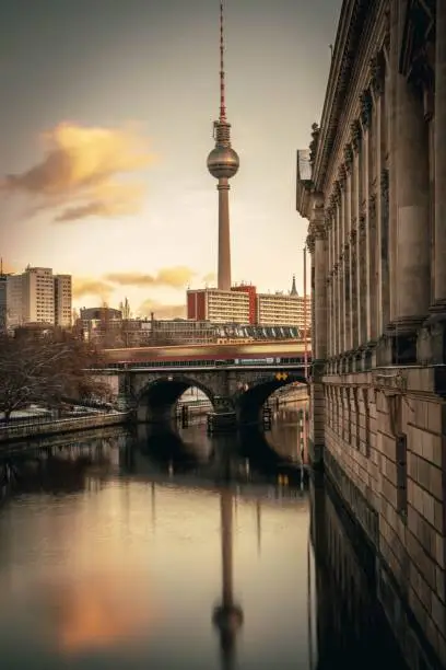 A beautiful view of the Bode museum and the Berlin TV Tower in sunset
