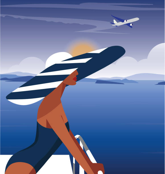 ilustraciones, imágenes clip art, dibujos animados e iconos de stock de ilustración digital fondo paisaje azul montañas y avión volador sobre el mar chica modelo en un gran sombrero de moda y traje de baño descansando en verano en vacaciones - infinity pool getting away from it all relaxation happiness