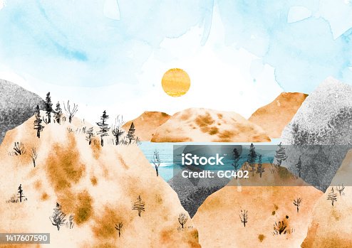 istock Watercolor vector landscape with blue lake, sun, mountains and trees. Autumn bright Illustration for poster, postcard, banner. Collage with watercolor texture and sketch 1417607590