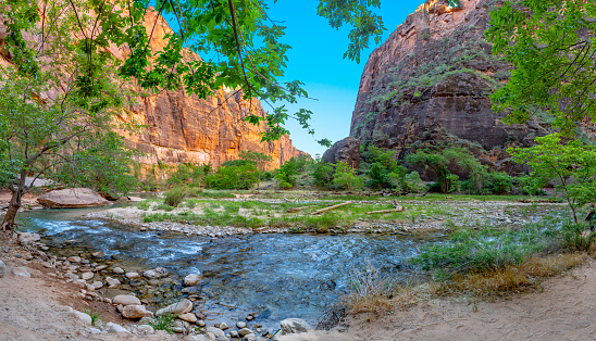 Virgin river at Zion National park vertical view of riverbed with Zion mountains on background
