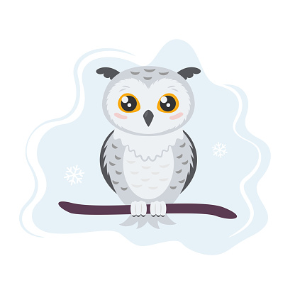 Cartoon snowy owl with yellow eyes sitting on branch. Cute white owlet in winter. Isolated on white background. Vector flat illustration