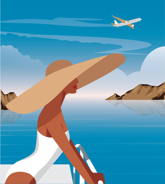 ilustrações de stock, clip art, desenhos animados e ícones de digital illustration background blue and white landscape mountains and flying plane over the sea girl model in a big fashionable hat and swimsuit resting in summer on vacation - infinity pool getting away from it all relaxation happiness