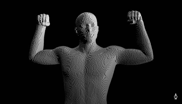 istock Champion raising both hands in the air as a true winner. Victory and freedom. Strong man raising hands up. Sport symbol. Leadership or workout bodybuilding concept. Voxel art. Vector illustration. 1417608176
