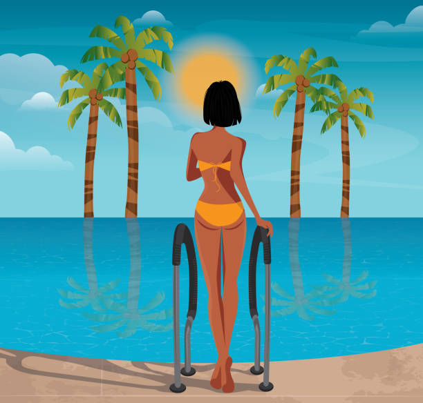 ilustraciones, imágenes clip art, dibujos animados e iconos de stock de -ilustración digital de una chica en verano de vacaciones en el trópico en una villa rodeada de palmeras va a nadar y tomar el sol en la piscina - infinity pool getting away from it all relaxation happiness