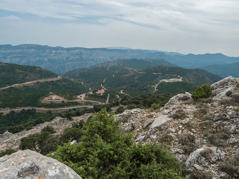 view of Supramonte Mountains with white limestone rock, green trees and Passo di Genna Silana in the valley. Sardinia, Italy. Summer cloudy day.
