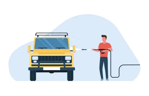 Vector illustration of A man washes a car in a self-service car wash. Vector illustration.