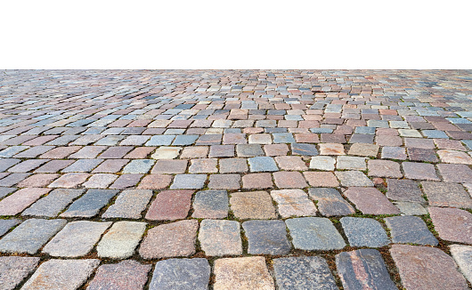 Old cobblestone sidewalk, pavement isolated on white, perspective view