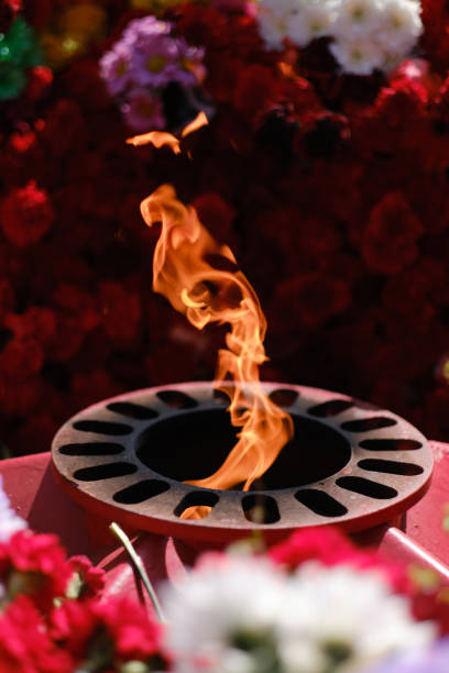 tongues eternal fire among flowers roses and carnations laid to eternal flame. - chama eterna imagens e fotografias de stock