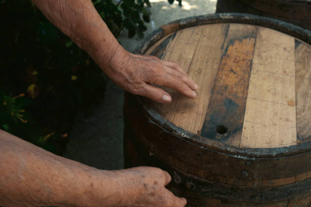 vigneron senior inspectant les fûts - winery wine cellar barrel photos et images de collection