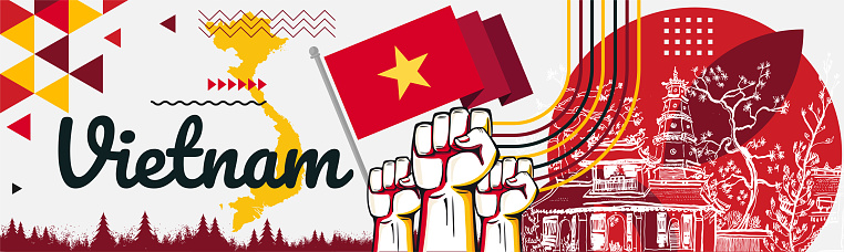Vietnam Flag and map with raised fists. National day or Independence day design for Vietnamese celebration. Modern retro design with abstract icons. Vector illustration.