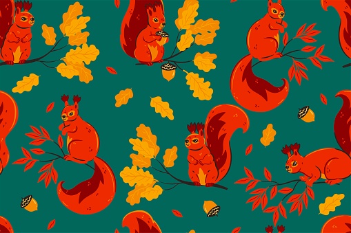 Seamless pattern with squirrels, with autumn leaves, with acorns. Vector image.