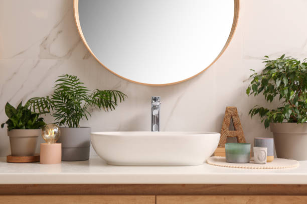 istock Vessel sink and different houseplants on countertop in bathroom 1417618048