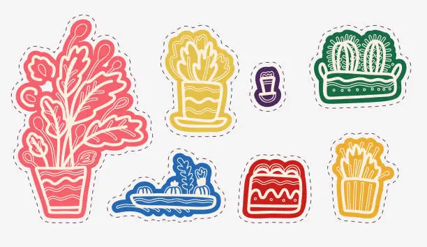 Vector illustration of Stickers with flowers in pots in the doodle style. Vector illustration.