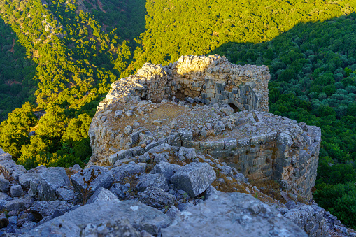 View of a guard tower in the medieval Nimrod fortress, the Golan Heights, Northern Israel