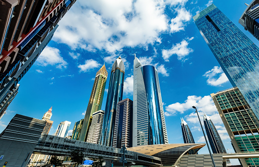 Skyscrapers highrise business and residential buildings in Dubai downtown, UAE