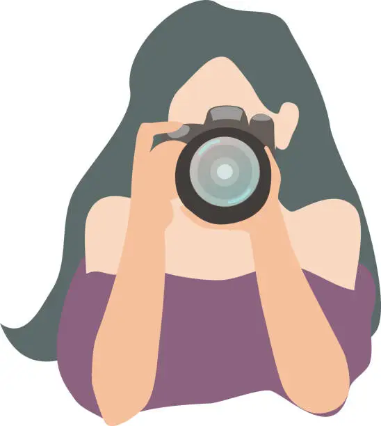 Vector illustration of woman photographer holding and taking pictures with a modern professional photo camera