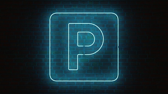 Neon parking sign with blue light over a brick wall. 3D rendering image and part of a series.